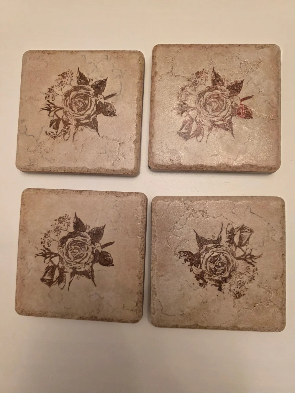 Set of 4 Floral Stone Coasters - Beige with Brown Rose Print